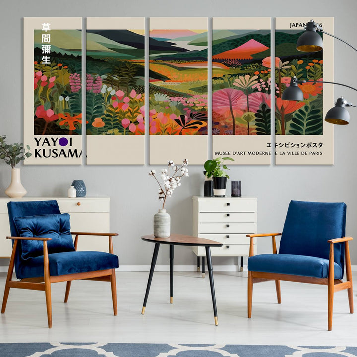 Yayoi Kusamas Landscape Canvas Print with vibrant floral mountain art adorns the wall.