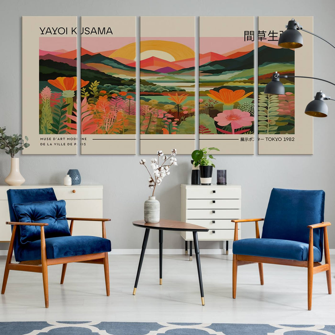 A Yayoi Kusama landscape print and an antique world map enhance the dining area.