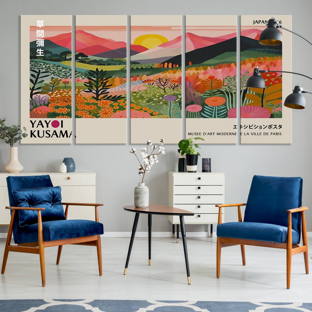 The wall art includes a vintage world map and Yayoi Kusamas colorful landscape.