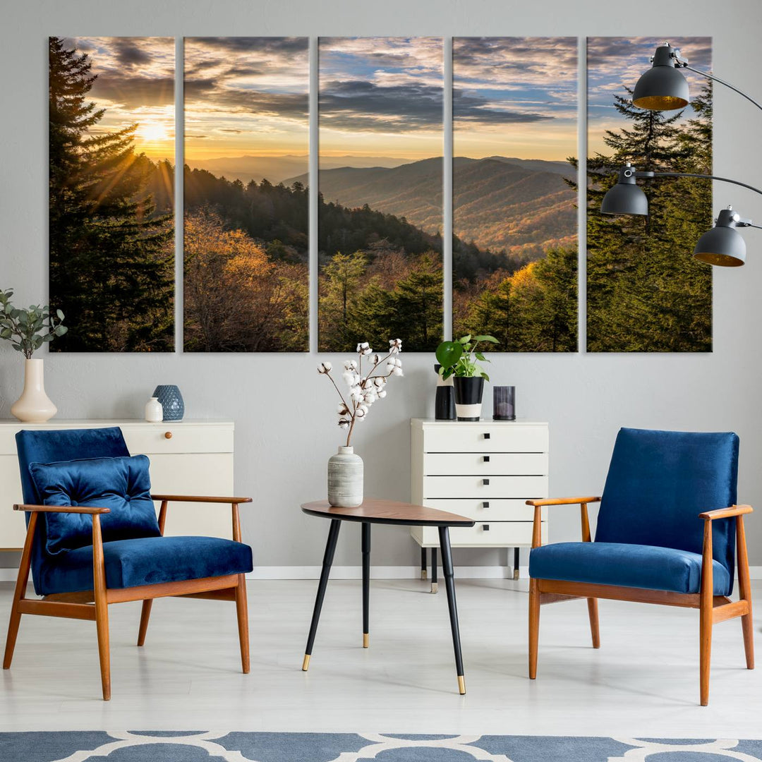 The dining area is beautifully decorated with the Sunrise Over the Smoky Mountains Canvas Wall Art – a breathtaking scenic landscape photography in a stunning triptych that's ready to hang.