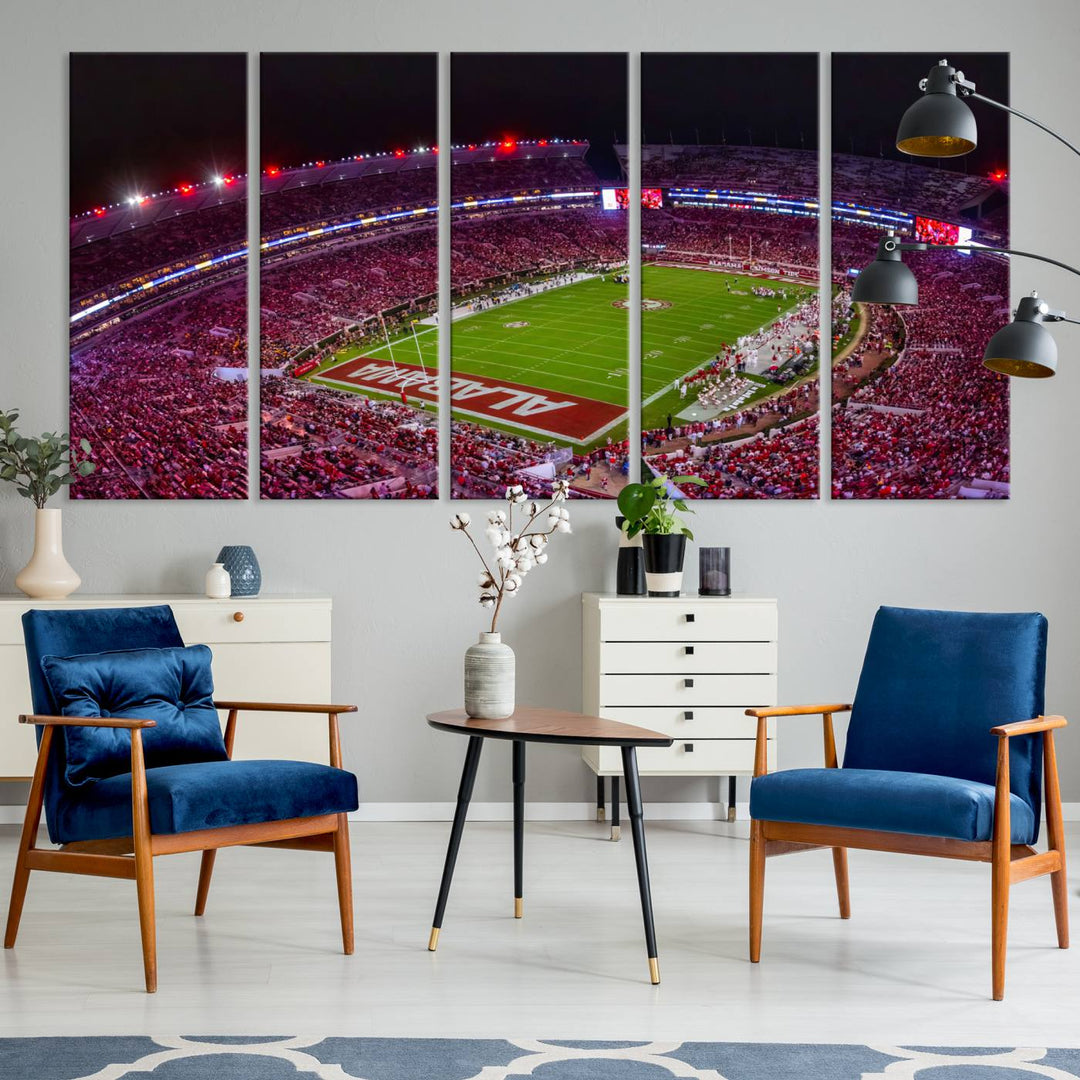 A stunning triptych canvas wall art of the Bryant-Denny Stadium Night Game perfectly captures the energy and excitement of an Alabama Crimson Tide football match at night.