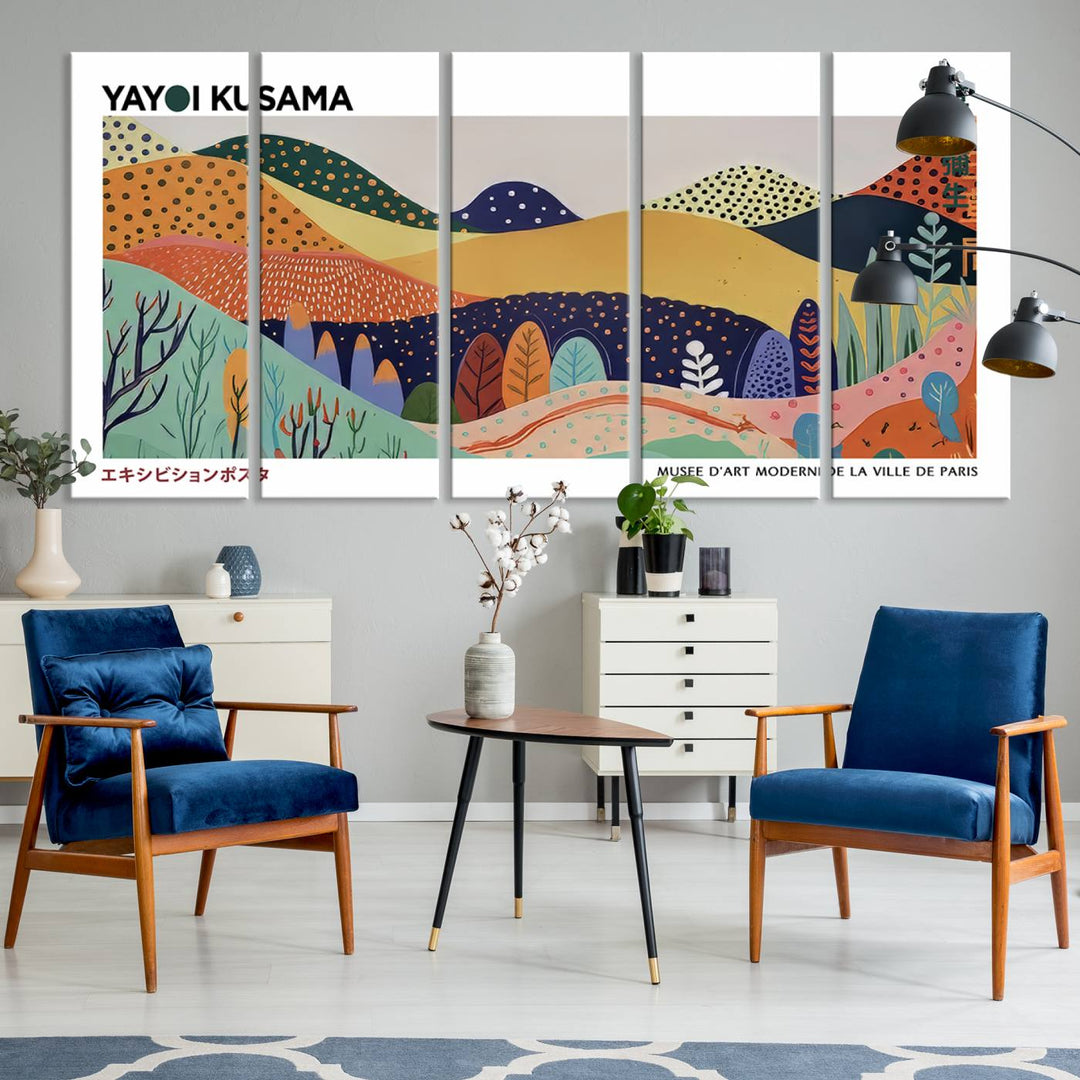 A Yayoi Kusama abstract landscape print adorns the wall.