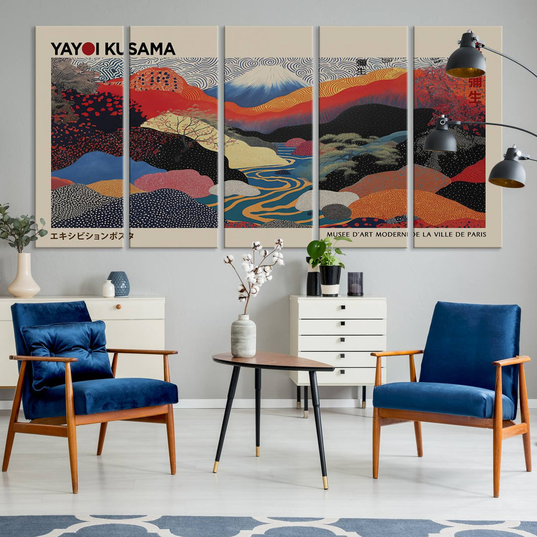 The room showcases Kusamas 1986 vibrant abstract landscape wall art print.