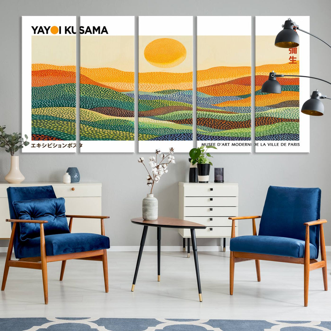 Framed Yayoi Kusama 1986 Wall Art: A vibrant abstract landscape featuring Wabi Sabi hills and a sun, created by the Japanese artist.