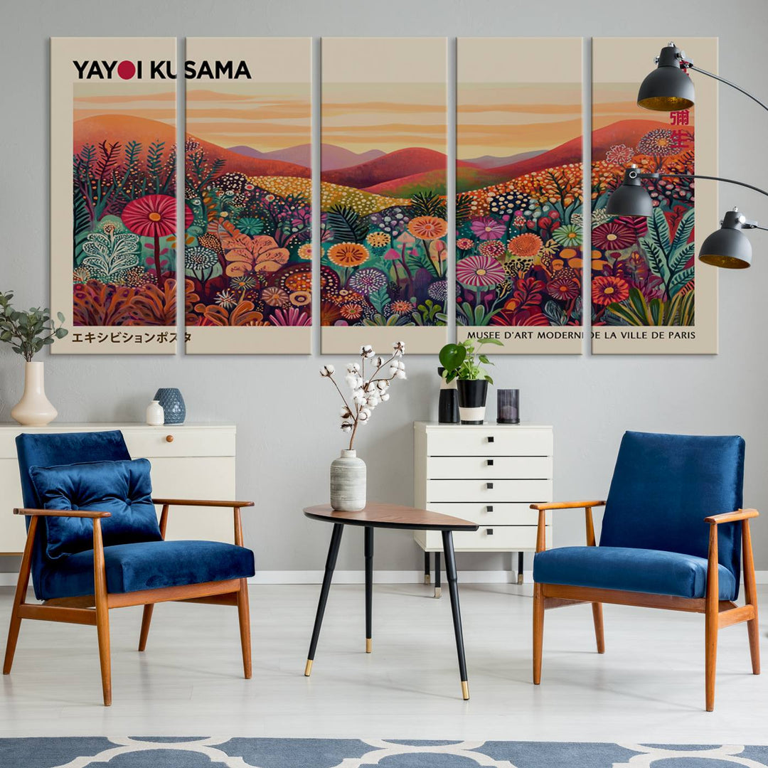 The room is adorned with a triptych artwork depicting colorful flowers and hills, incorporating the "Framed Yayoi Kusama 1986 Wall Art Print" – a vibrant abstract landscape canvas print that blends Japanese Wabi Sabi themes into contemporary nature-inspired décor.