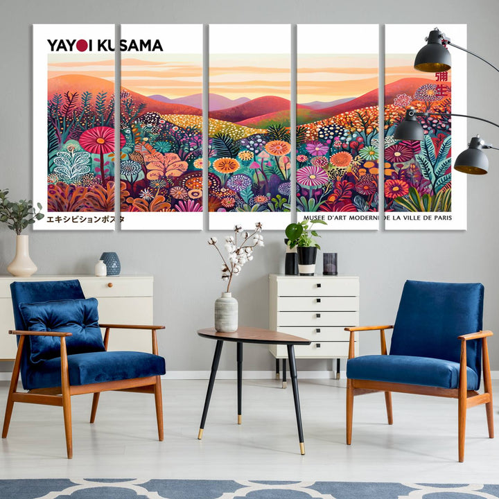 A Framed Yayoi Kusama 1986 Wall Art Print, showcasing a vibrant abstract landscape with flowers and reflecting the Wabi Sabi style, is displayed.