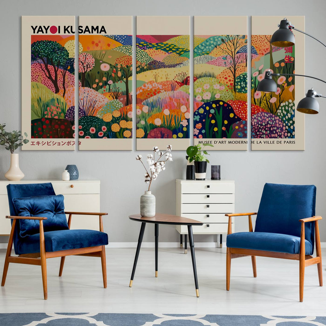 The Framed Yayoi Kusama 1986 Wall Art Print, a vibrant abstract landscape canvas inspired by Japanese design, adds a striking element to the bright room.