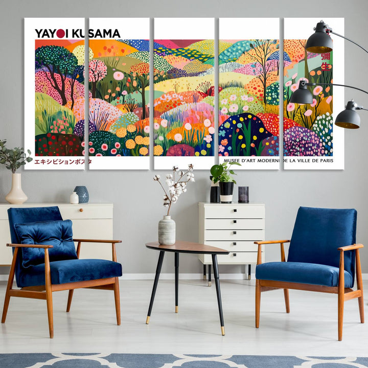 Three vibrant, abstract Yayoi Kusama wall art prints adorn a black wall, creating a perfect blend of contemporary décor.