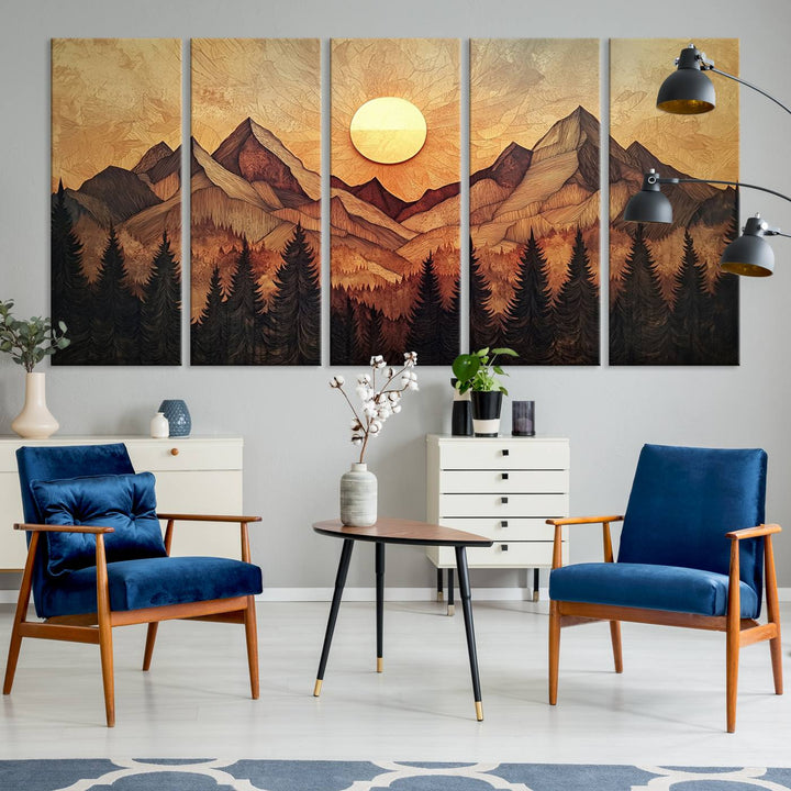 The dining area features a Wood Style Abstract Mountain Sunset canvas wall art print.