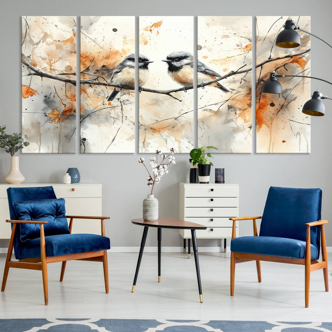 The living room features abstract watercolor chickadee bird art on the wall.