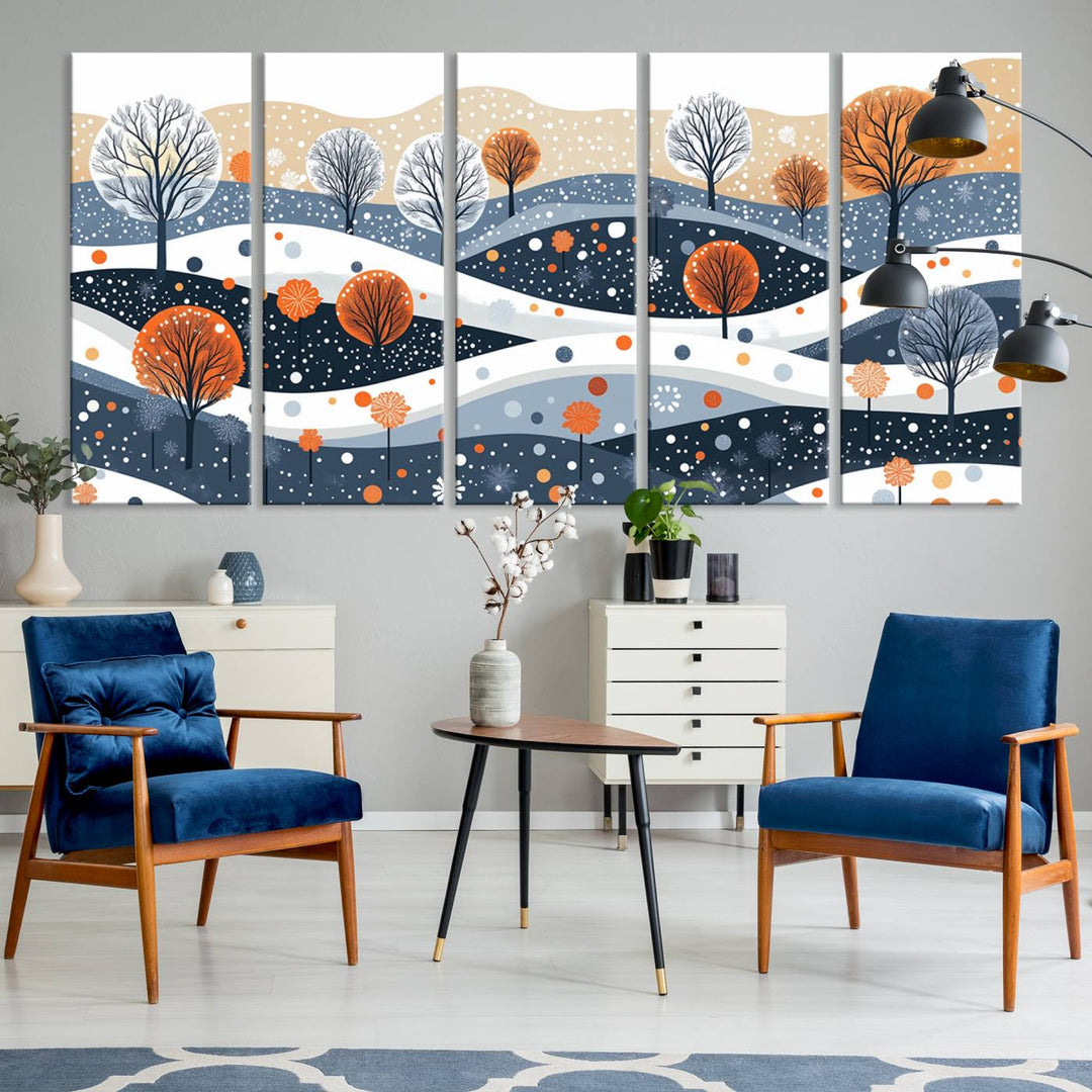 The "Abstract Winter Landscape Canvas Wall Art Print," featuring a triptych of landscapes with trees and hills in vibrant orange, white, and blue hues, adds a gallery-quality finish that transforms the space into an art lover's dream.