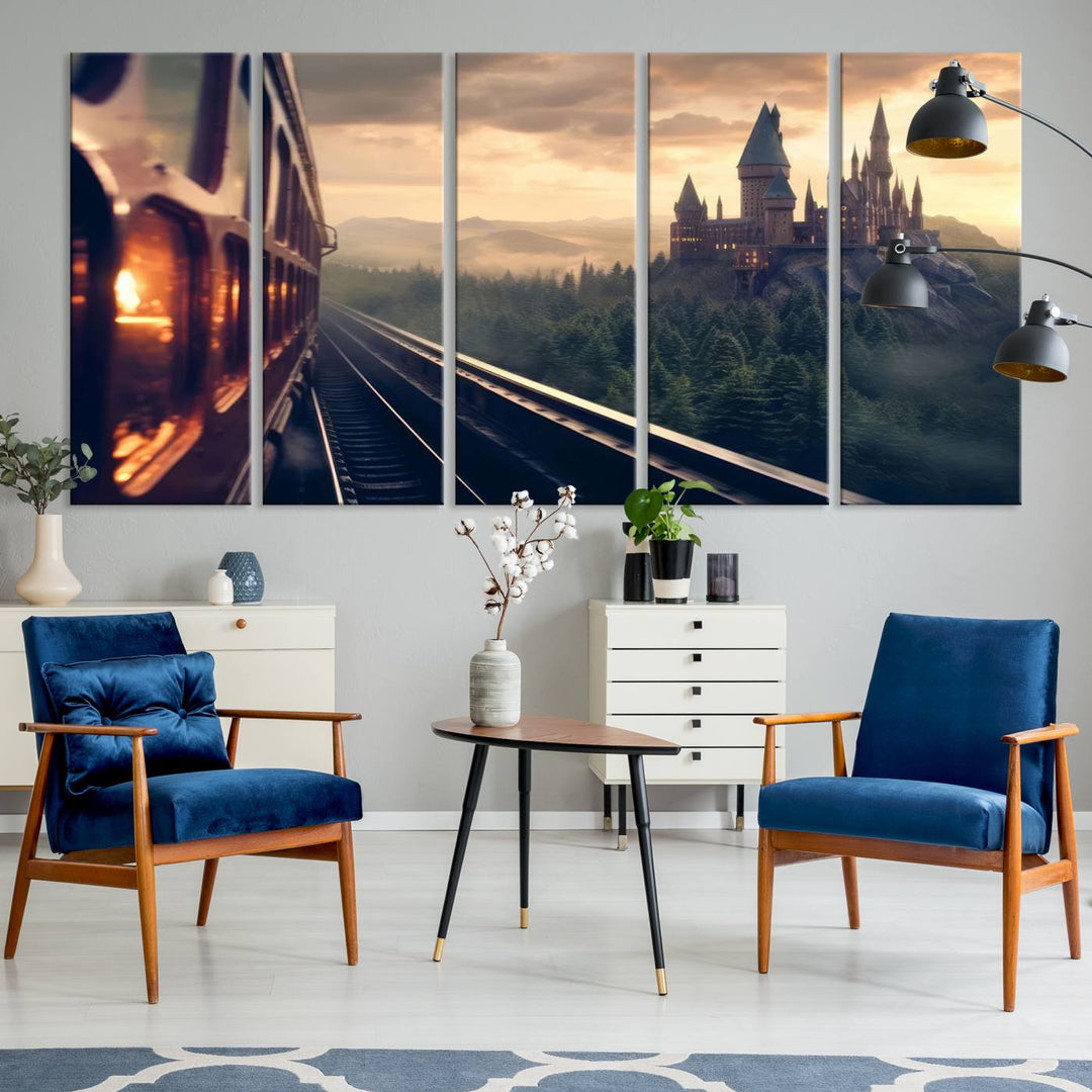 The "Harry Castle Wall Art Canvas Print," depicting a train and castle at sunrise, is elegantly featured with its gallery-quality finish in the modern living room.