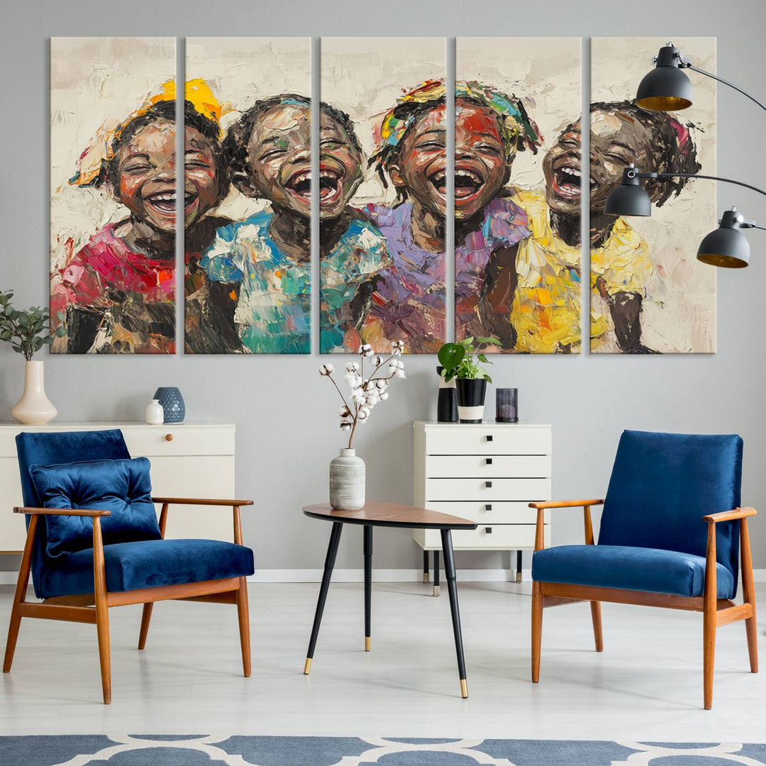 The Shai Yossef style "Joyful Childhood Canvas Wall Art" beautifully depicts an expressive impasto painting of three cheerful black children laughing, capturing the joyous essence of childhood.