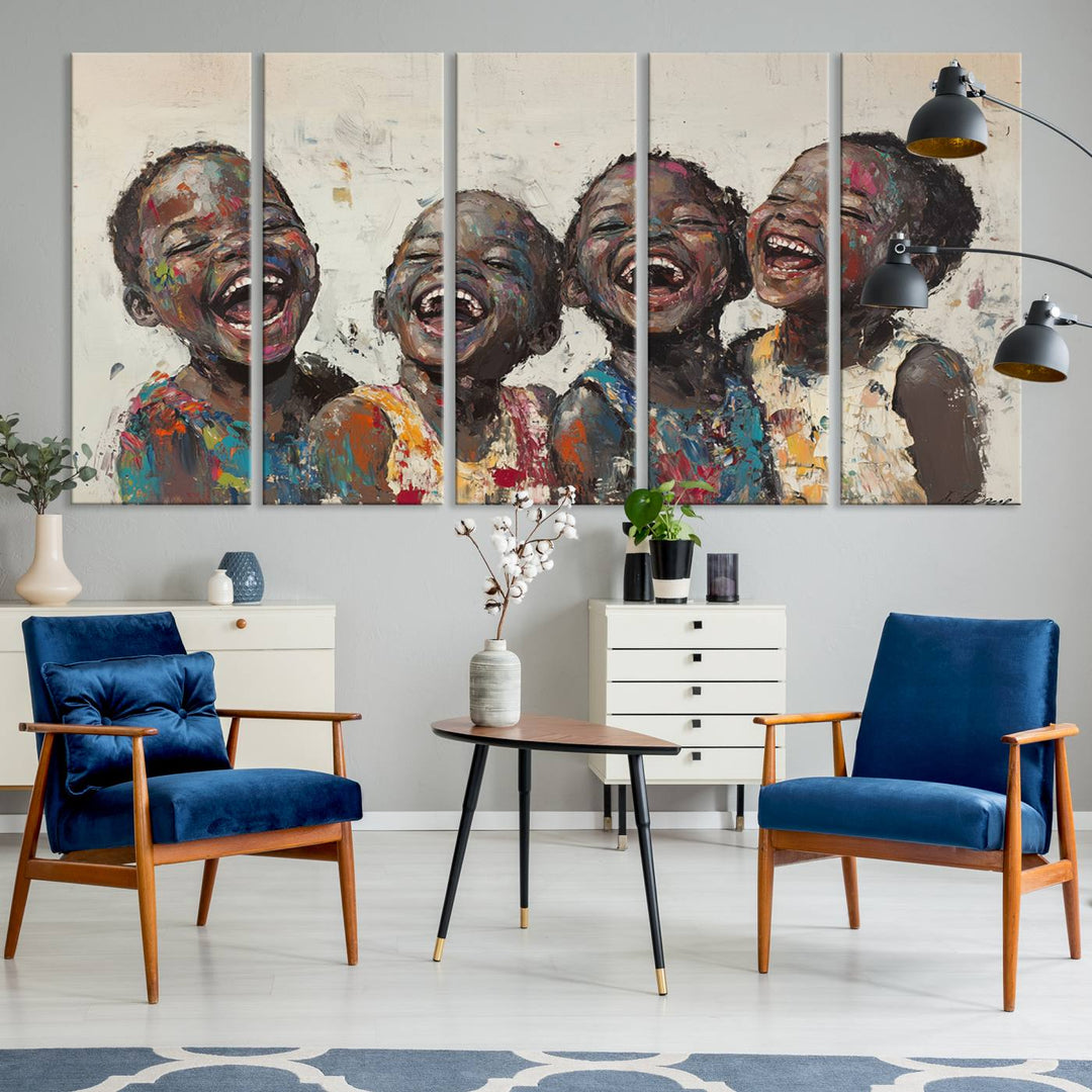 This Shai Yossef Print - Joyful Childhood Canvas Wall Art is an expressive impasto painting of laughing children. As framed abstract art for your living room, it adds a touch reminiscent of Shai Yossef's unique style to any living space.