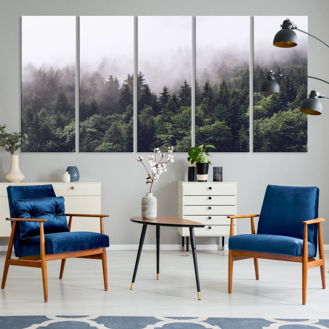 A serene triptych nature print featuring a misty forest, perfect as wall art.