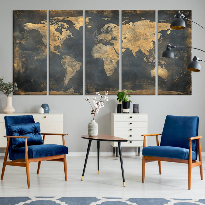 Grunge World Map Canvas Wall Art - Vintage Aged World Map with Golden Tones, Framed Artwork for Living Room, Office, or Study Decor