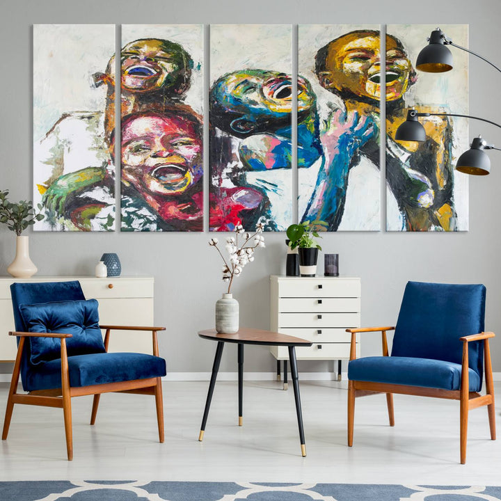 A multi-panel decor piece titled "Joyful African Black Kids" by Shai Yossef features a vibrant impasto painting of four children laughing and is elegantly displayed as premium canvas wall art.