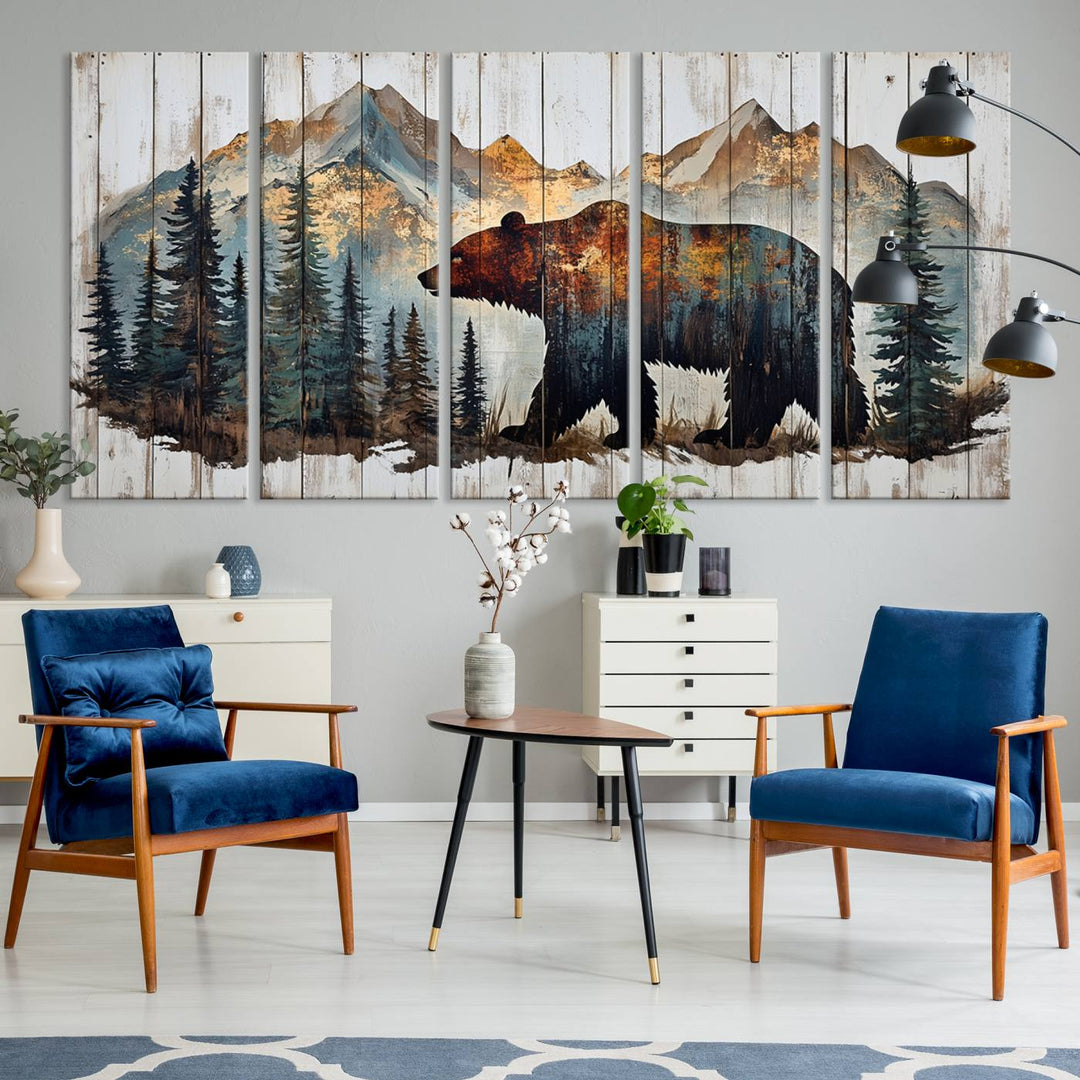 The living room features Rustic Grizzly 399 bear wall art, adding a cozy touch to the setup.