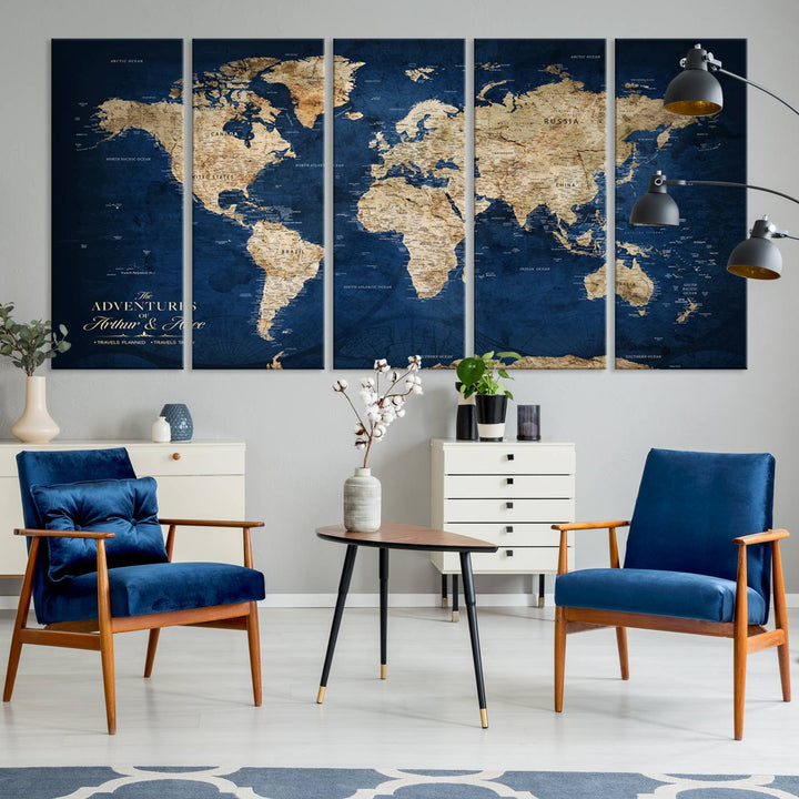 A Personalized Custom World Map Canvas Print on blue hangs prominently.