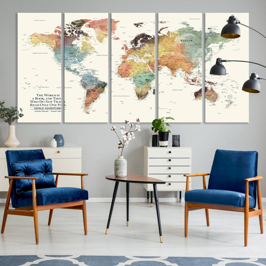 A colorful Personalized World Map Canvas Print, ideal as wall art for living room or office.