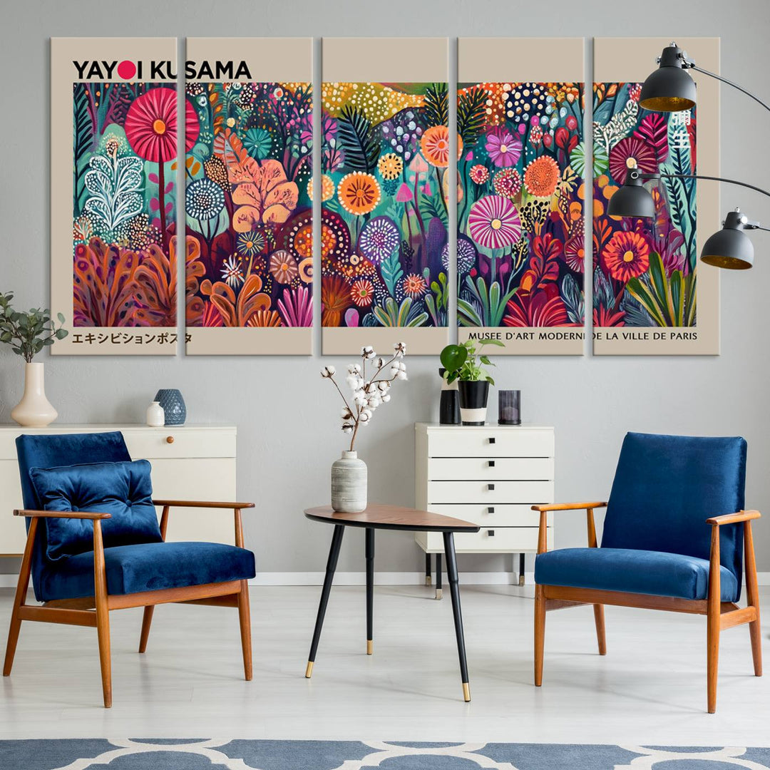 A vibrant Yayoi Kusama Wall Art Canvas Print is held on a porch.