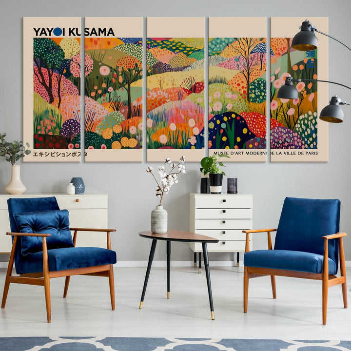 A Yayoi Kusama Wall Art Canvas Print featuring vibrant abstract floral patterns is displayed in a tranquil forest setting.