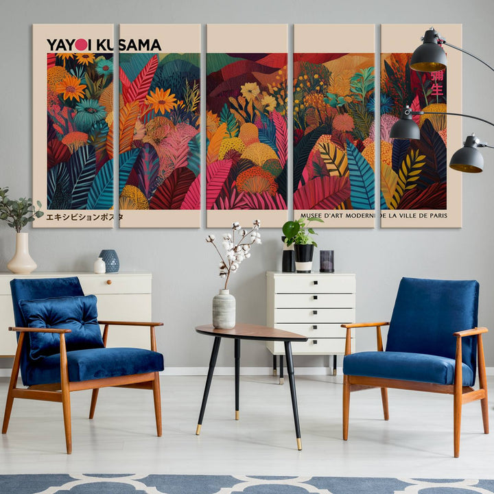 The Yayoi Kusama Inspired Wall Art Canvas Print features colorful flowers and foliage, presented with a premium canvas and gallery-quality finish.