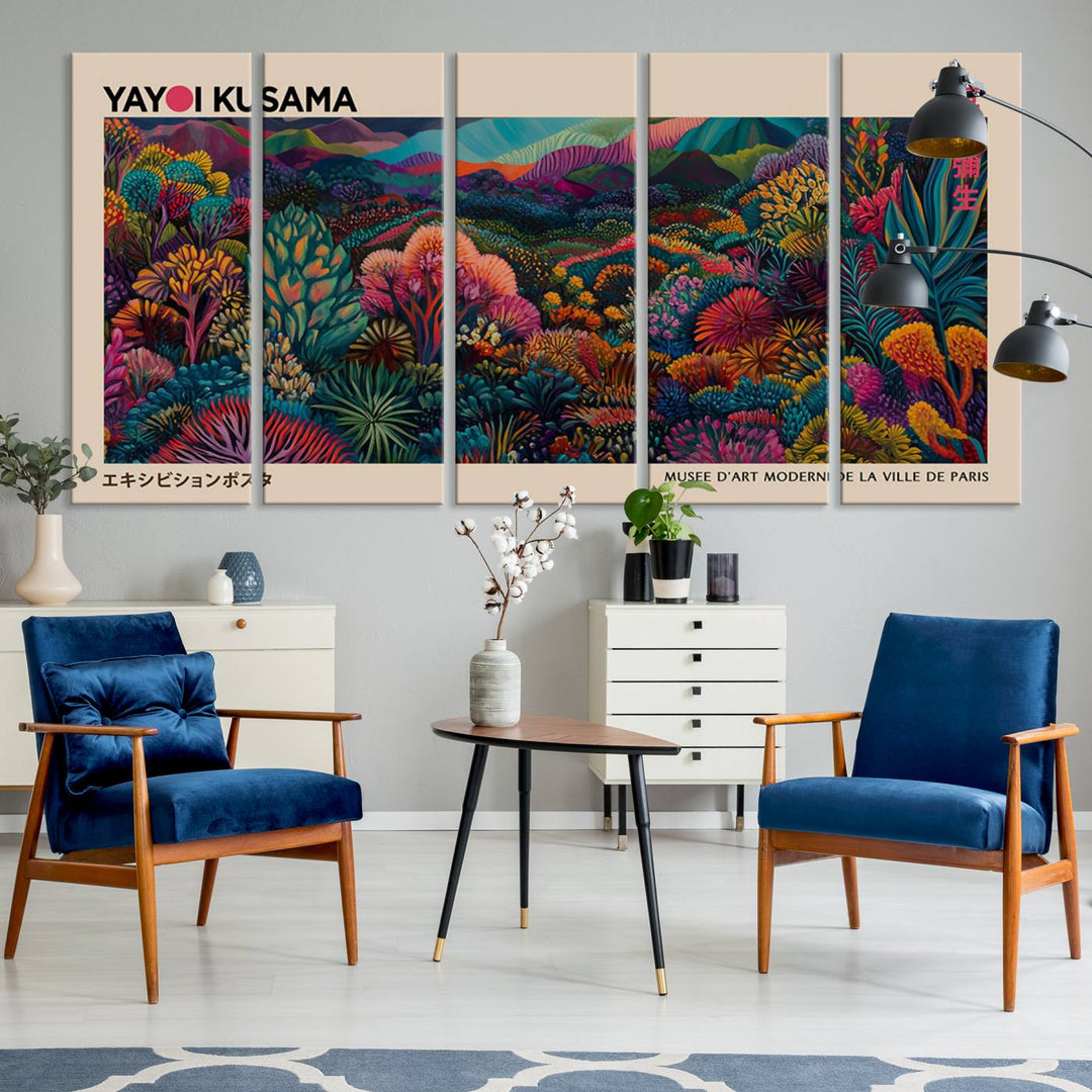 The Yayoi Kusama Wall Art Canvas Print features a vibrant and colorful landscape with abstract vegetation, perfectly capturing the essence of Japanese Wabi Sabi aesthetics.