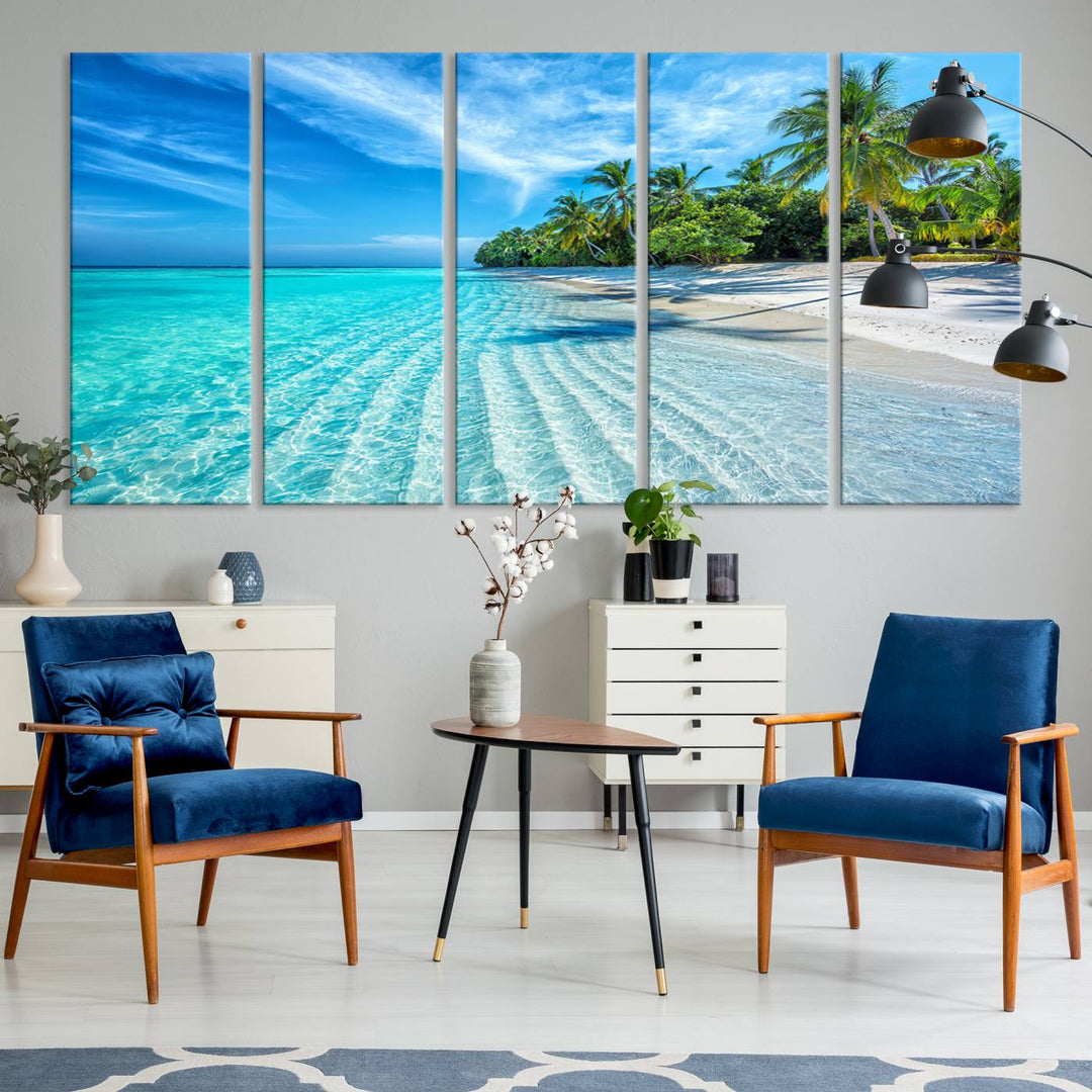 The Tropical Beach Wall Art Canvas Print features turquoise water and palm trees.