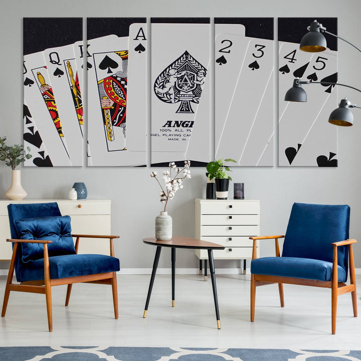 The oversized Poker Wall Art features the Ace of Spades and is displayed on a porch.