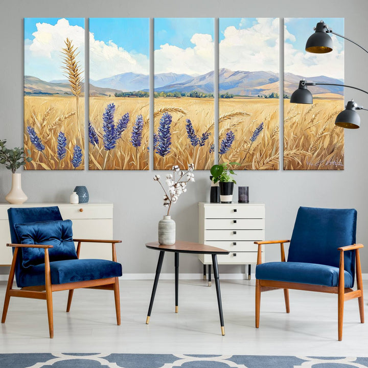 Abstract Wheat Field Wall Art, featuring a scenic landscape canvas print of golden wheat and lavender, adds charm to any farmhouse or rustic decor.