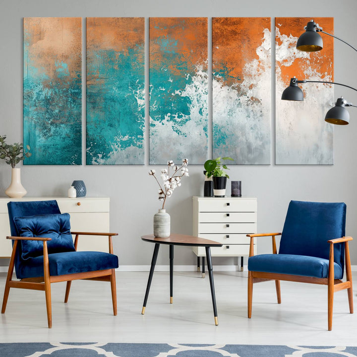 Vintage Abstract Print - Bold Teal and Orange Canvas Wall Art - Retro-Vintage Abstract Orange Canvas for Modern Decor