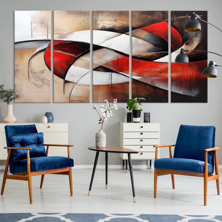 In a contemporary living room, the sunlight casts artistic shadows and highlights an abstract triptych wall art featuring bold red and white geometric shapes.