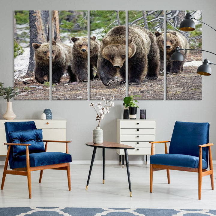 The Grizzly 399 and Cubs in Wild Flowers Wall Art Canvas Print, depicting grizzly bears amidst wildflowers, is elegantly displayed.