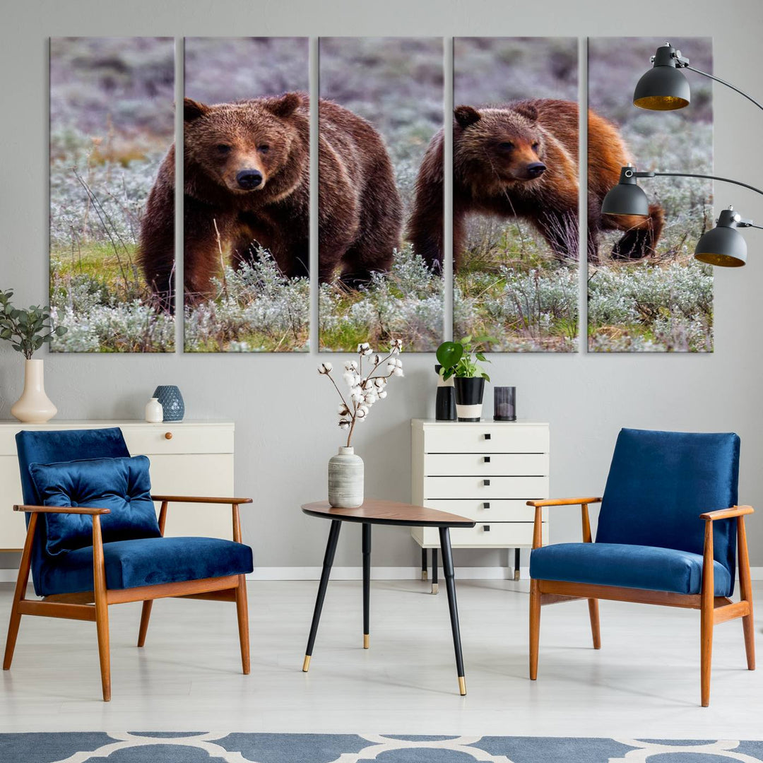 The "Queen of the Tetons" is a stunning canvas art print featuring Grizzly 399 and two bears strolling through a grassy field. Its gallery-quality finish beautifully captures the essence of nature, making it perfect for rustic home decor.