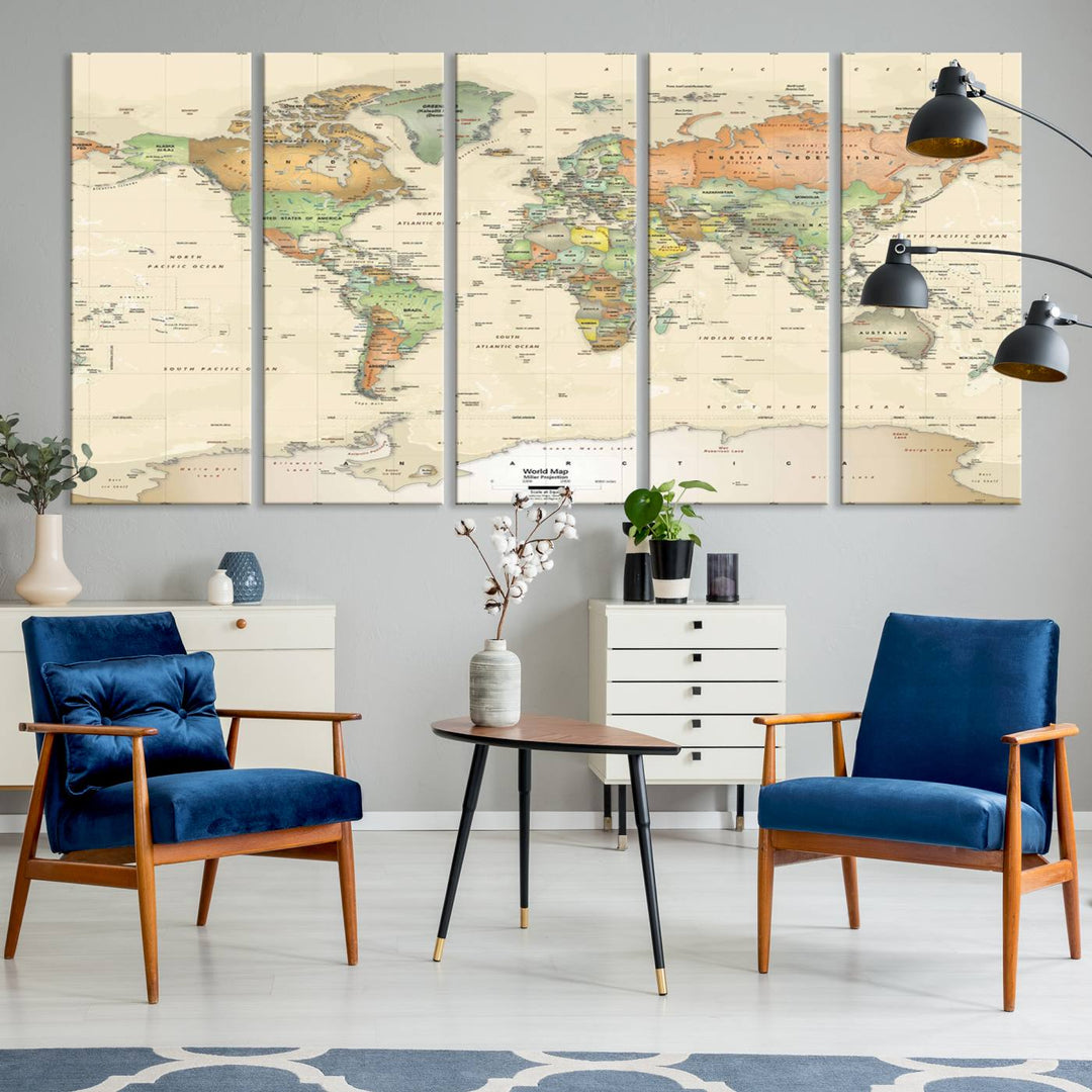 The Large Push Pin World Map Wall Art Canvas Print, with a gallery-quality finish, is carefully crafted on premium canvas and handmade in the USA. This piece adds a touch of elegance to any space.