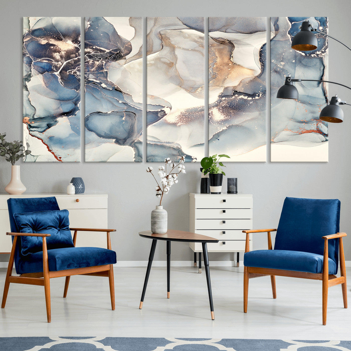 MGV-CV-60X31-5P - Abstract Blue and Gold Canvas Wall Art - Fluid Ink Artwork - Modern Luxury Wall Decor for Contemporary Interiors