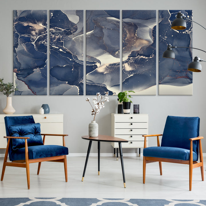 Large Abstract Blue and Gold Canvas Wall Art | Fluid Ink Artwork Print | Luxury Wall Decor for Contemporary Interiors | Framed Ready to Hang