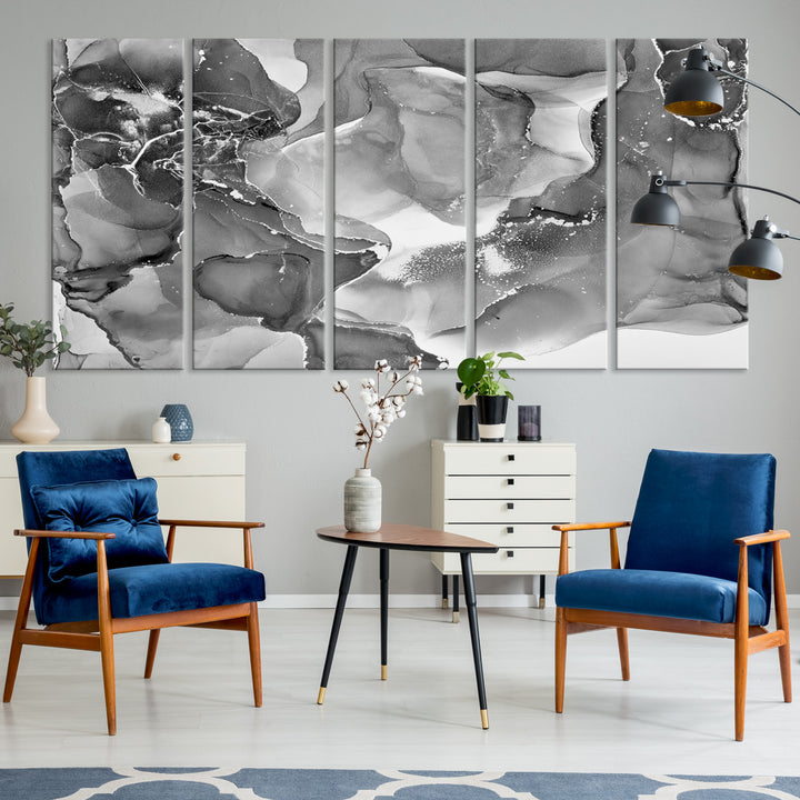 Black White Abstract Canvas Wall Art - Fluid Ink Artwork - Modern Luxury Wall Decor for Contemporary Interiors