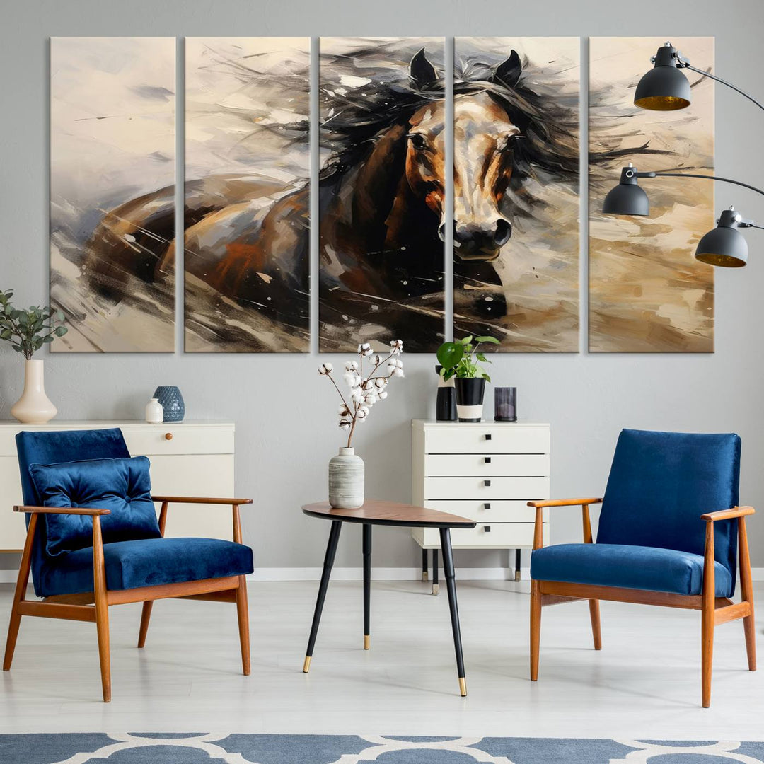 The Abstract Wall Art Horse Print adds rustic charm.