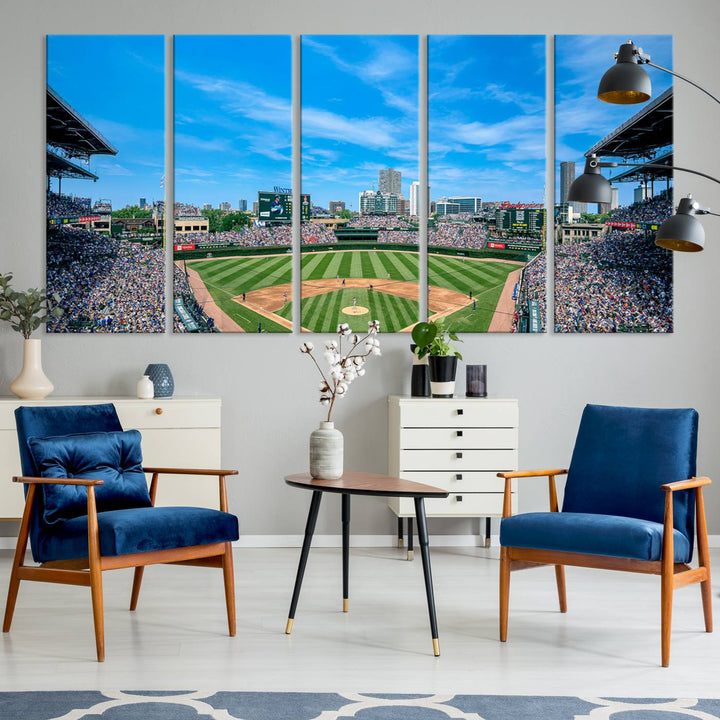 The Wrigley Field Chicago Cubs canvas art, depicting the iconic stadium, is perfect for sports lovers.