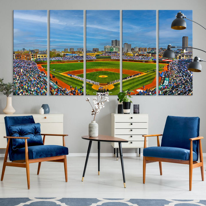 The Wrigley Field Cubs Panoramic Canvas Art hangs prominently in the modern living room.