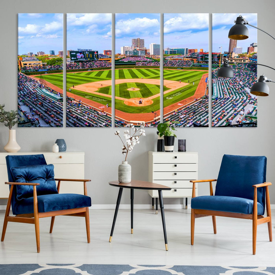 A 3-piece panoramic canvas wall art showcases an aerial view of a packed Chicago Cubs game at Wrigley Field, perfect for sports lovers.