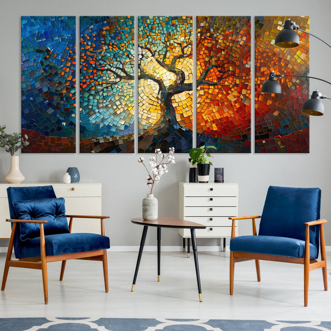 Mosaic Tree Canvas Wall Art: A stunning stained glass-inspired Tree of Life featuring blue and orange swirling patterns reminiscent of a sunburst.