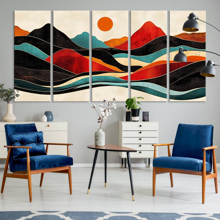 The Colorful Western Triptych Canvas features a vibrant mountain and sun design, making it perfect for modern kitchens or log cabin walls.