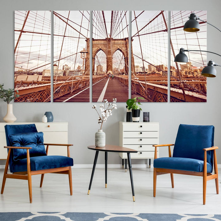 The three-panel "Wall Art New York Manhattan Cityscape Canvas Print" of the Brooklyn Bridge makes an ideal addition to minimalist interiors, capturing the essence of abstract expressionism.