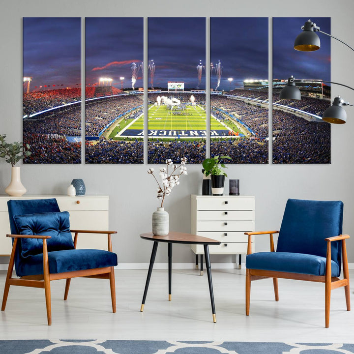 A filled stadium at dusk and fireworks overhead are beautifully captured in the Kroger Field Canvas Wall Art - Sunset Football Stadium Decor.