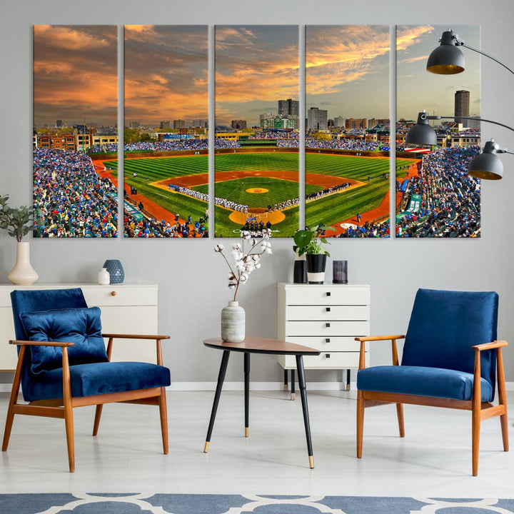 Aerial view of Wrigley Field at sunset against a vibrant sky, creating the perfect Chicago Wrigley Field Canvas Wall Art.