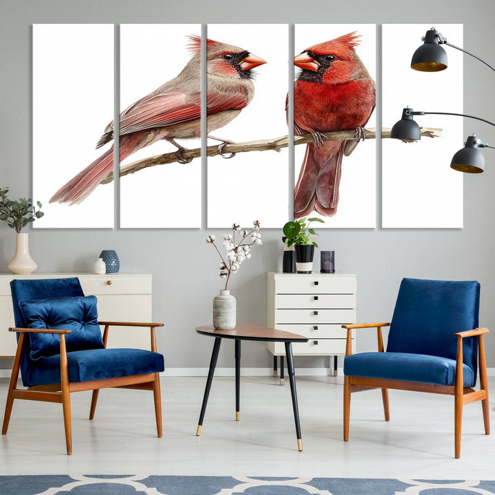 The Cardinal Bird Canvas Wall Art showcases two cardinals on a branch.