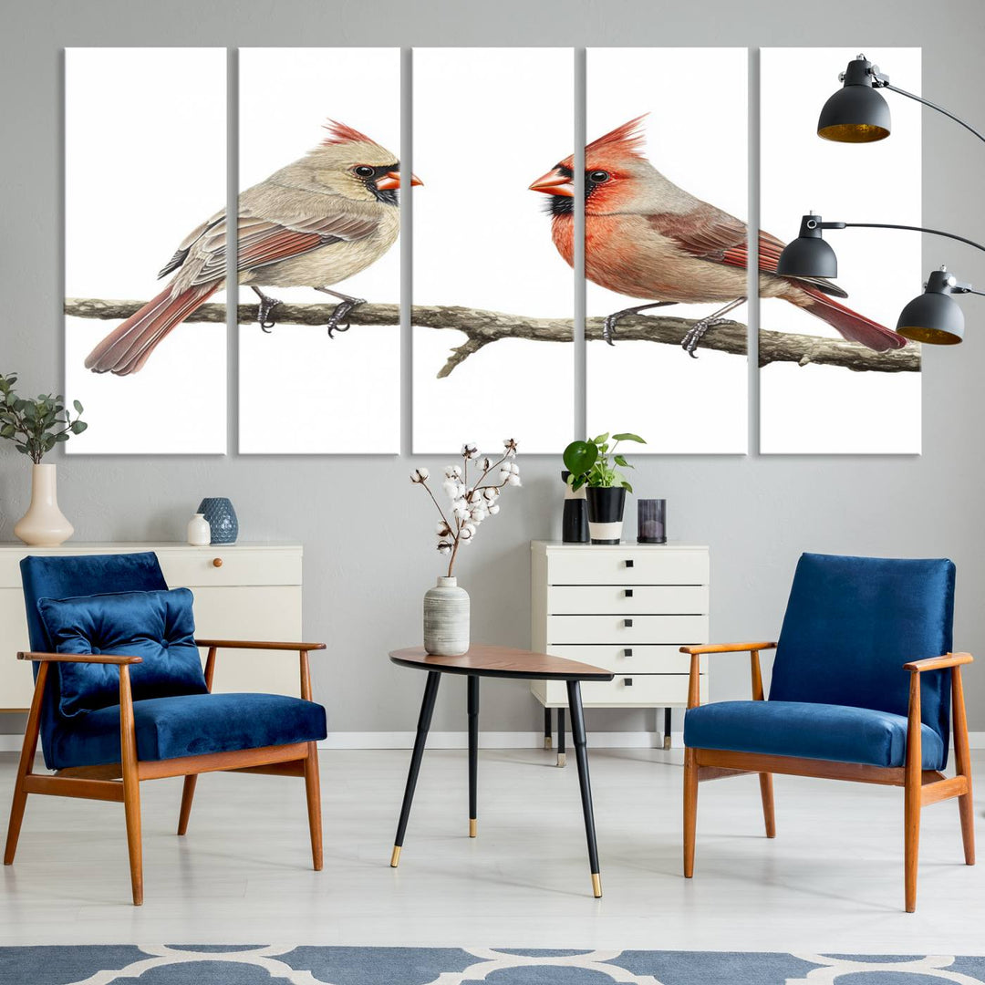 A Cardinal Canvas Wall Art print of cardinals on a branch hangs prominently.